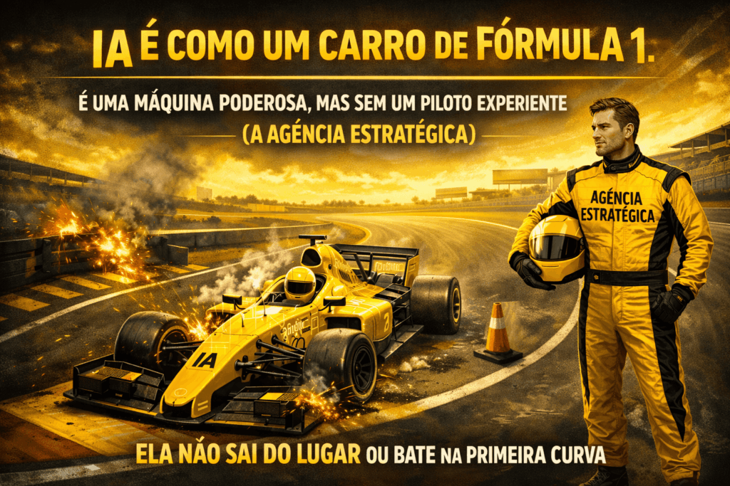IA é como um carro de Fórmula 1. É uma máquina poderosa, mas sem um piloto experiente (a agência estratégica), ela não sai do lugar ou bate na primeira curva.